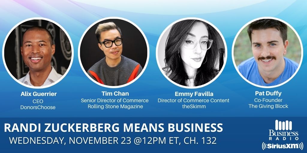 .@RandiZuckerberg TODAY at 12pm ET!

🎁Philanthropy &amp; Gifting🎁

- <a href="/DonorsChoose/">DonorsChoose</a> CEO on #GivingTuesday 
- <a href="/RollingStone/">Rolling Stone</a>'s @MrTimChan on Digital Gifts 
- <a href="/theSkimm/">Ken Keo</a>'s @Em_Dash3 on Top Subscription Gifts
- <a href="/TheGivingBlock/">The Giving Block</a> on the State of Crypto Philanthropy  

🔊#SiriusXM132🔊