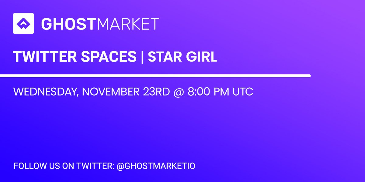 Less than 24 hours away from our next Twitter Spaces with GhostMarket artist and creator, <a href="/StarMasayume/">Stargirl ★</a>! 

Join us at 8 PM UTC for a fun conversation about GhostMarket, art, NFTs, and more!

#GhostMarket #GM
