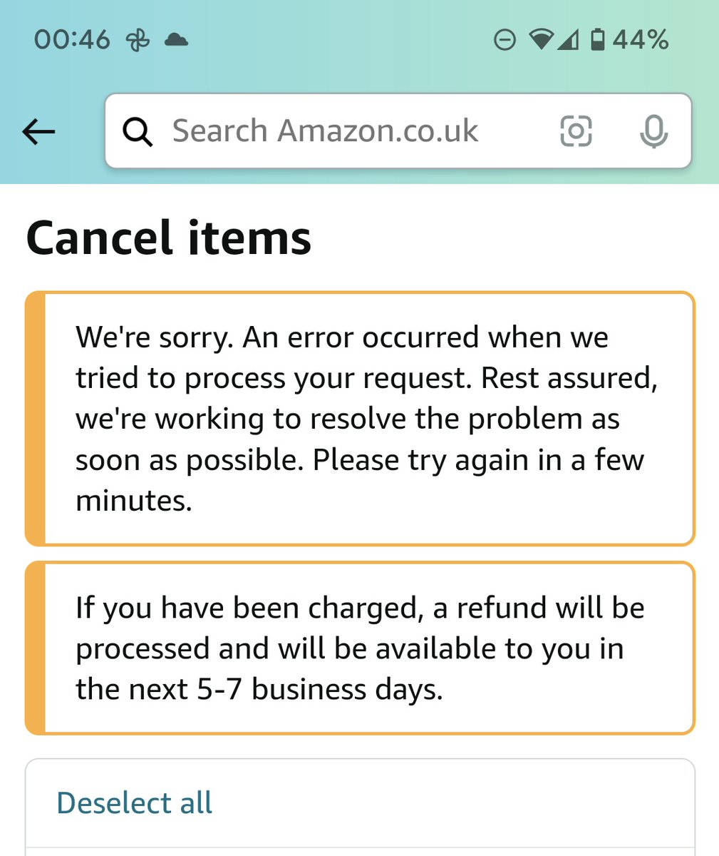 bournese's tweet photo. @AmazonHelp are you experiencing technical difficulties? Getting repeated errors trying to cancel a subscribe and save order, nor can I actually buy an item that's sitting in my basket - screen keeps reloading back to basket when I hit Buy Now or Proceed to Checkout 🤷‍♀️ https://t.co/Sl9T2Pe1xd