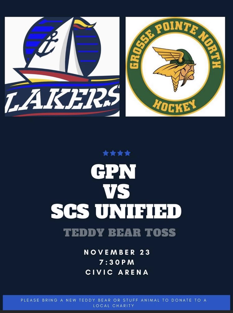 Bring a new Teddy Bear or stuff animal to the game tomorrow! All will be donated to a local charity!  <a href="/SCS_Unified/">SCS Unified Laker Hockey</a> <a href="/ShorianSports/">LSPS Athletics</a> <a href="/Lviewathletics/">Lakeview Athletics</a> <a href="/GPN_Hockey/">Norsemen Hockey</a> <a href="/MACHockey1/">MAC Hockey</a> <a href="/MIPrepZoneMD/">MIPrepZone Macomb</a>