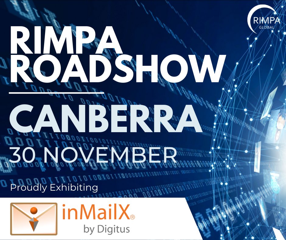 RIMPAGlobal's tweet image. Thank you to @inMailX, sponsors of the RIMPA Roadshow in Canberra! Meet the team at Novotel Canberra and have the chance to WIN a 3-day RIMPA Live 2023 registration 🙌

Register - ow.ly/Om0I50Lxaii

#RIMPAGlobal #RIMPARoadshow #informationmanagement #recordsmanagement