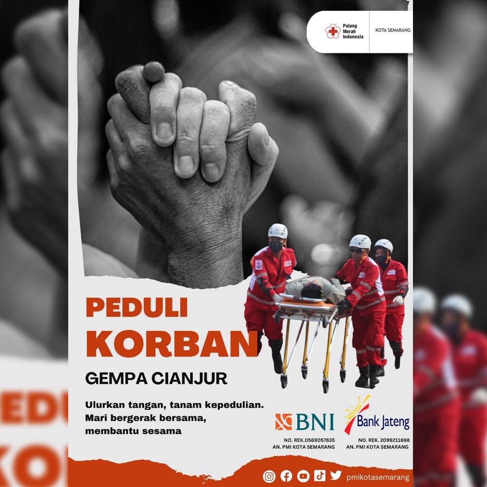 Turut berdukacita sedalam-dalamnya untuk saudara kita yang terdampak musibah gempa bumi di Cianjur.
Total 162 korban jiwa dan 13.784 warga mengungsi akibat gempa berkekuatan 5.2 Skala Richter ini. 
PMI Kota Semarang membuka donasi peduli korban Gempa Cianjur.