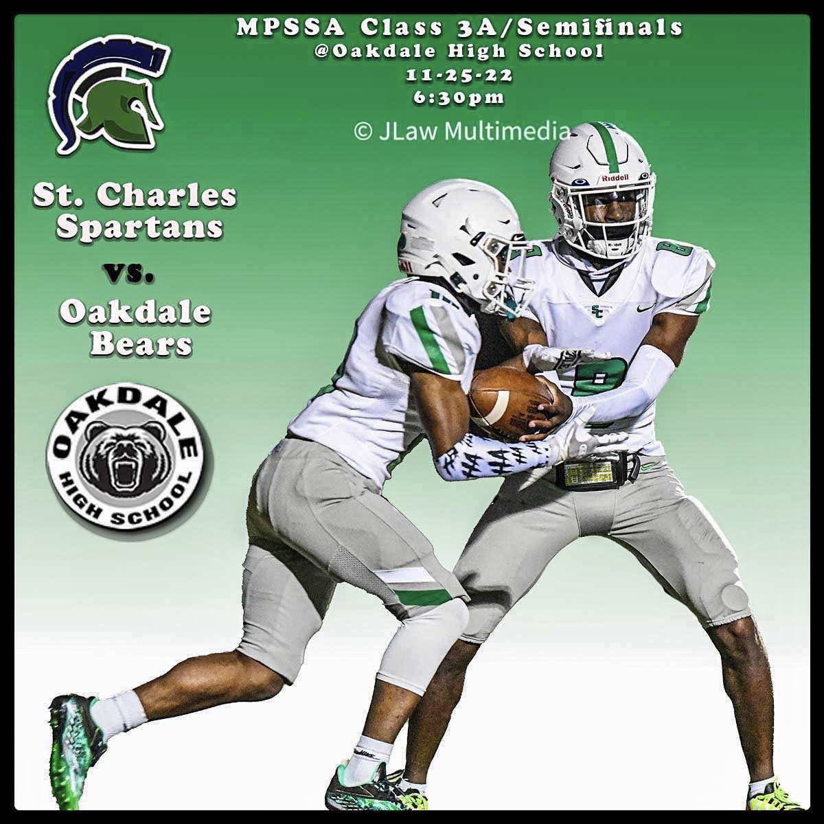 MPSSA Playoffs Class 3A Semifinals. St. Charles Spartans vs Oakdale Bears this Friday (6:30pm) at Oakdale High School. @SMAC_Football @StCharles_FB #stcharlesspartans #mpssa #oakdalehighschool #fridaynightlights #southernmaryland #highschoolfootball #actionsports