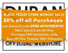 duranduran's tweet photo. Reminder - the Duran Duran Web Store's Black Friday sale is going on Thursday through November 29th. Visit the store on https://t.co/dNyWW8V8xc and stock up on all your favourite items at 20% off !#merchmatters https://t.co/a4pr4gHcvE