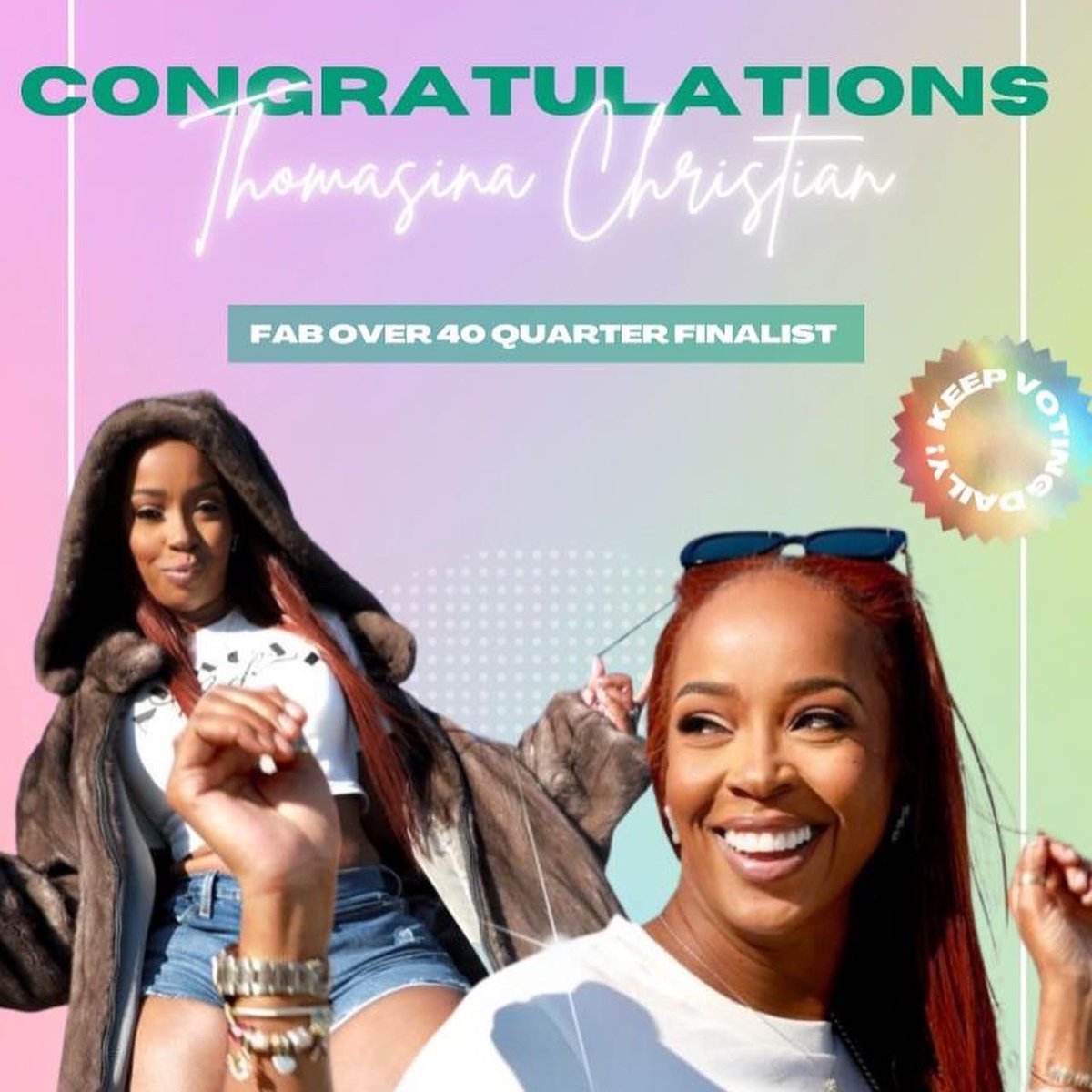 TreaDayMPR's tweet photo. 🥂 to Trea Day client and #business #partner #ThomasinaChristian on her #vigilence and #persistence ! She’s now #officially a #quarterfinalist in the #FabOVER40 contest and we are here for it! #click #linkinbio to help keep the #momentum going and push her to the #finishline 🏃🏾‍♀️ https://t.co/22ZVE57nno