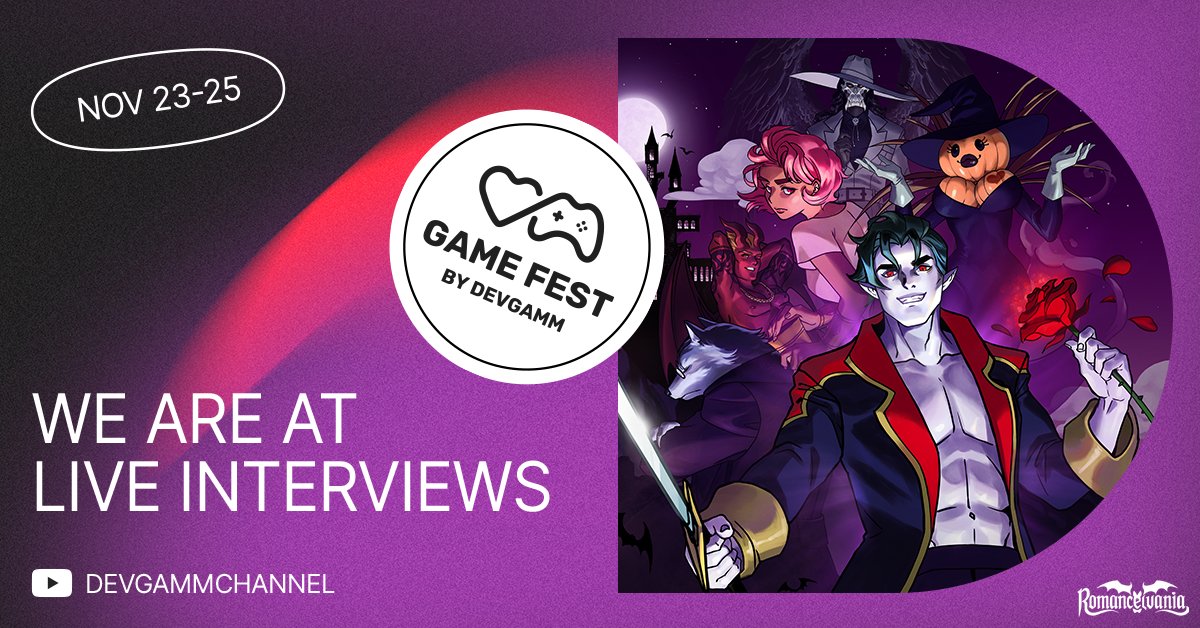 2124Publishing's tweet photo. Our friends @TheDeepEndGames are LIVE now at @DevGAMM to chat about upcoming dating-platformer #Romancelvania 🦇 

📅 https://t.co/XibzEqlRSO #DevGAMM https://t.co/MhO2aBmorx