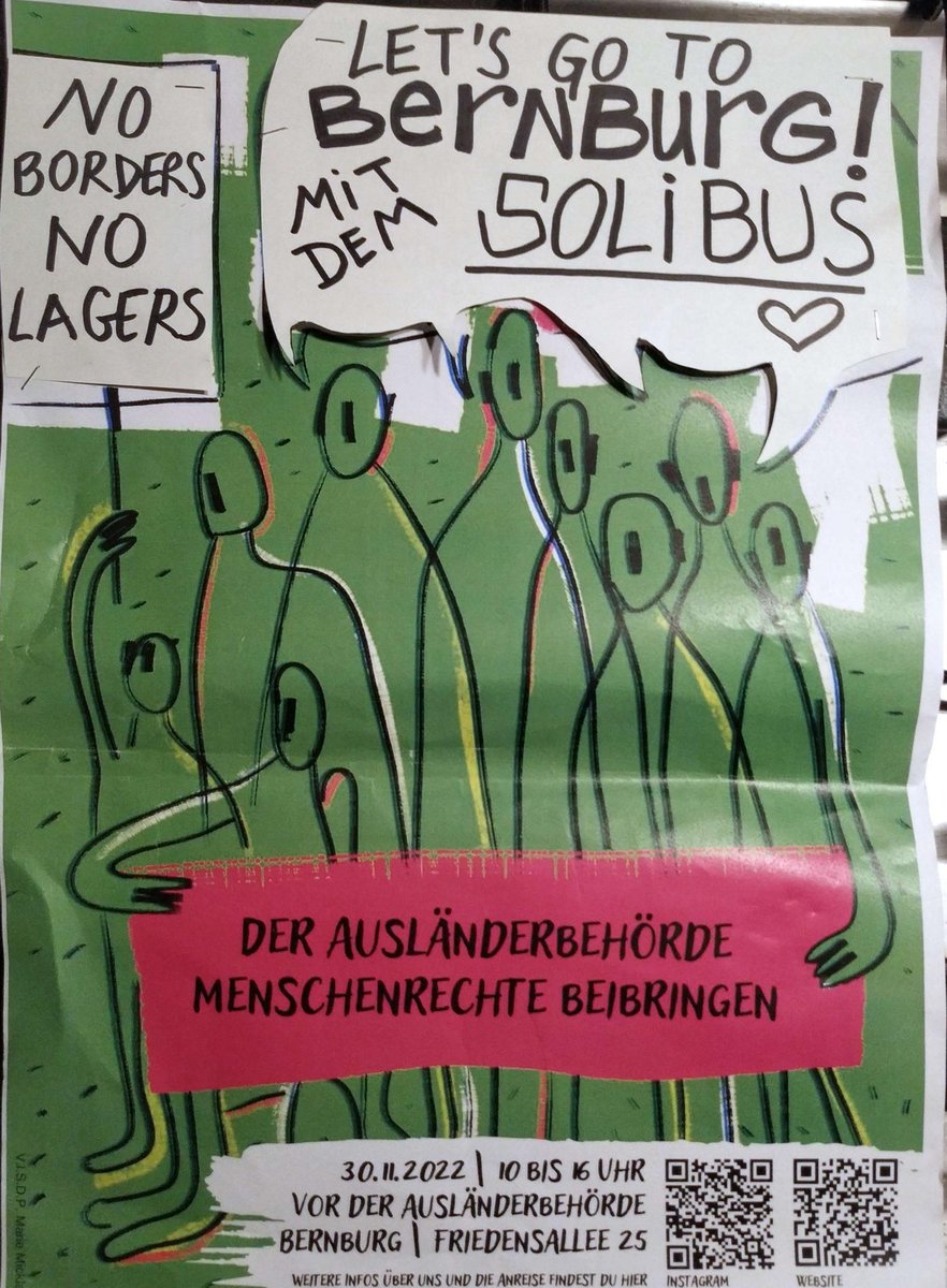 Oplatz's tweet photo. Die #Ausländerbehörde macht unser Leben zur Hölle! Alle zusammen mit dem Soli-Bus nach #Bernburg gegen diese rassistische Behörde! 🚌 Gemeinsame Anreise aus #Berlin Treffpunkt: Mittwoch 30.November 2022 um 6h morgens am Oranienplatz, Berlin.Voraussichtlich um 18h zurück in Berlin https://t.co/Chpgz4NFAB