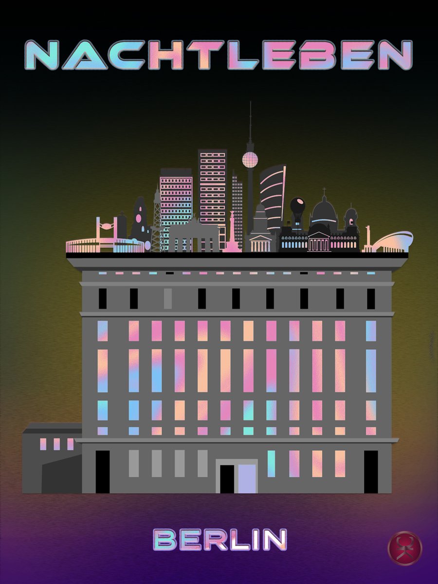 Holographic Style: poster with flatstyle Berlin landmarks sit on top of Berghain's roof. #visualdesigner #graphicdesign #graphicdesigner #artdirector #holographicdesign #holographic #berlin #nachtleben #nightlife #berghain #berghainclub #berghainberlin #clubbing #flatstyle