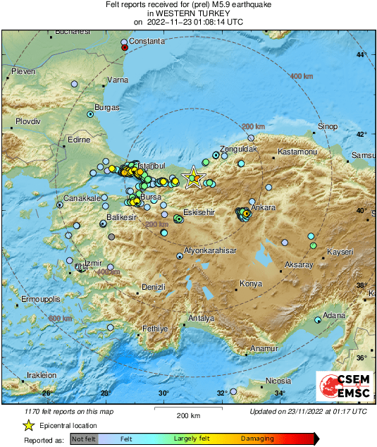 LastQuake's tweet photo. #Earthquake 12 km W of #Düzce (#Turkey) 9 min ago (local time 04:08:14). Colored dots represent local shaking &amp; damage level reported by eyewitnesses. Share your experience:
📱https://t.co/LBaVNdVFgz
🌐https://t.co/BYgADQv5tB https://t.co/hIhVB2qlLY