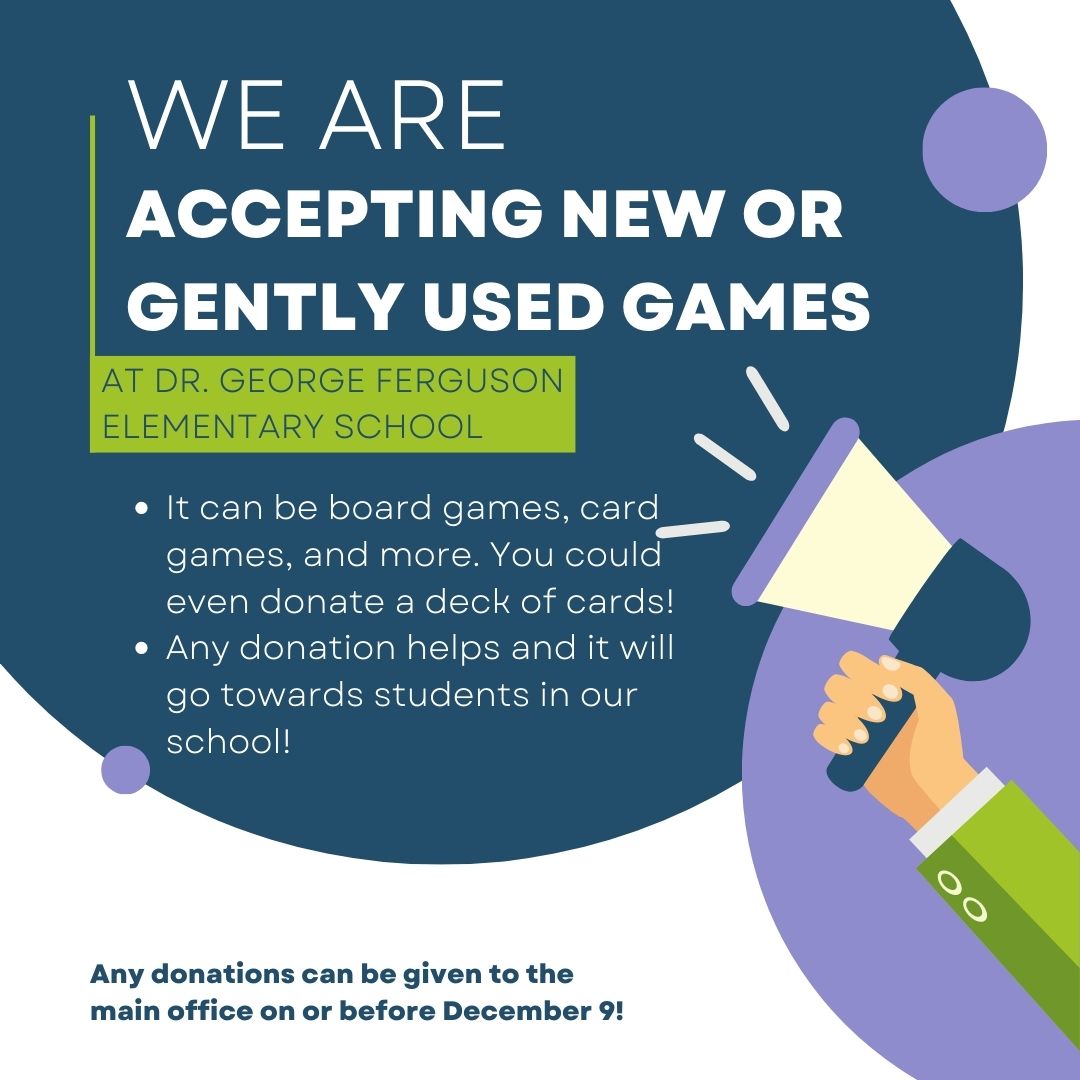 Hi everyone! With RespectEd, I am hosting a game drive and draw at <a href="/FergusonSchool/">Dr. George Ferguson</a> and we are currently accepting new or gently used games🎲If you would like further information, please contact me! Any donations would greatly help us out☺️ <a href="/RegPublicSchool/">Regina Public Schools</a>