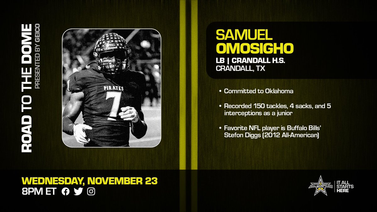 BOOMER Is 🆙 

Oklahoma commit Samuel Omosigho (<a href="/SamuelOmosigho/">Sammy Omosigho</a>) will be welcomed to the 2023 All-American Bowl tomorrow. 

#OUDNA

#theG23ATESTshow 🎶 

#AllAmericanBowl 🇺🇸 <a href="/GEICO/">GEICO</a>
