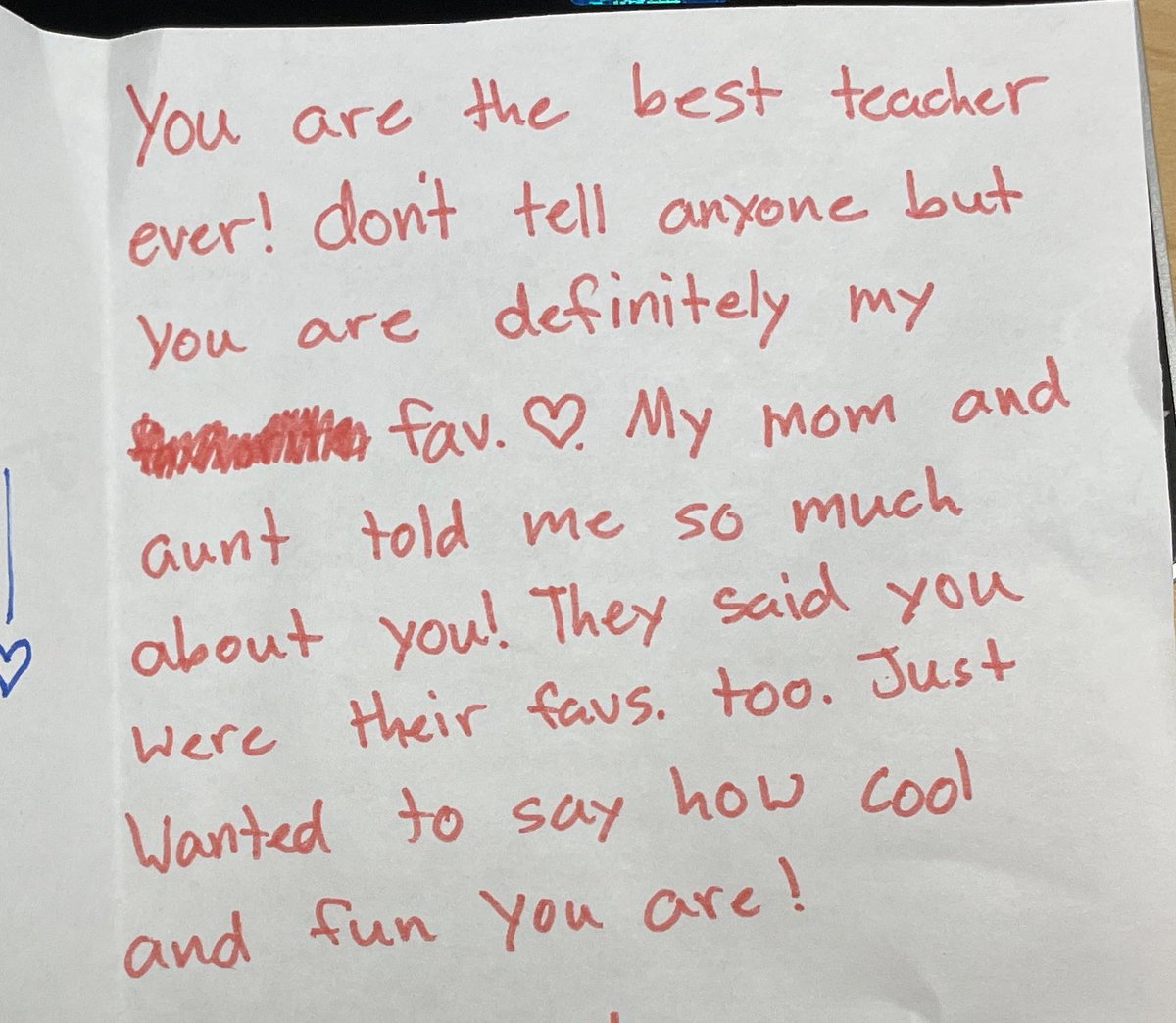 tmaynard5's tweet photo. Why I teach - a note left by my laptop today after lunch. This kid has no idea how much it was needed. …. Although the reminder of having her mom & Aunt in class makes me think retirement is sooner rather than later! 🤪 #miched #mschat #flipclasschat https://t.co/43caLRFv1S