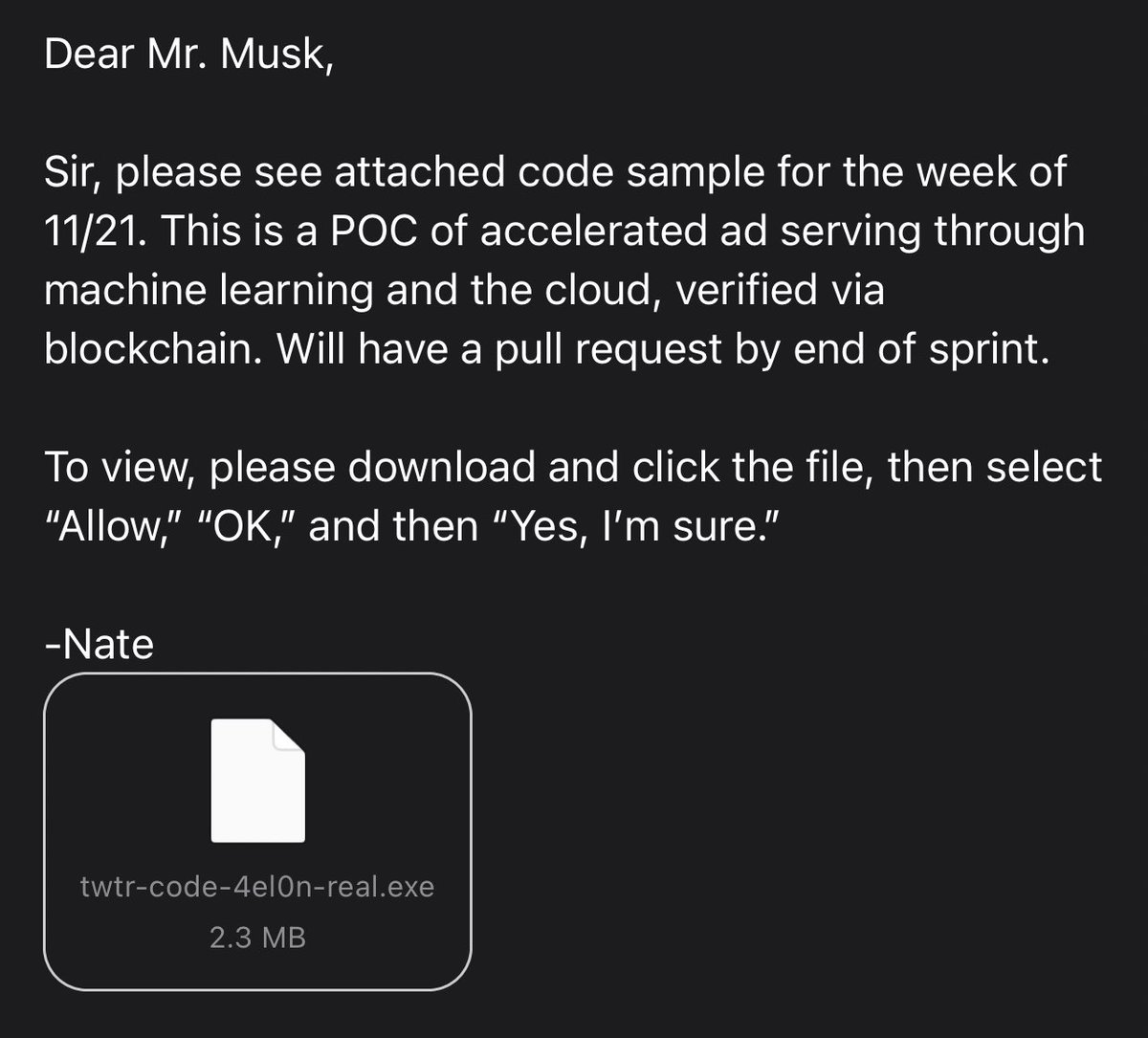 MNateShyamalan's tweet photo. as a legitimate twitter engineer, i bet my manager $50 i could make him brick his laptop. wish me luck 🤞 https://t.co/KrgfRVQU20