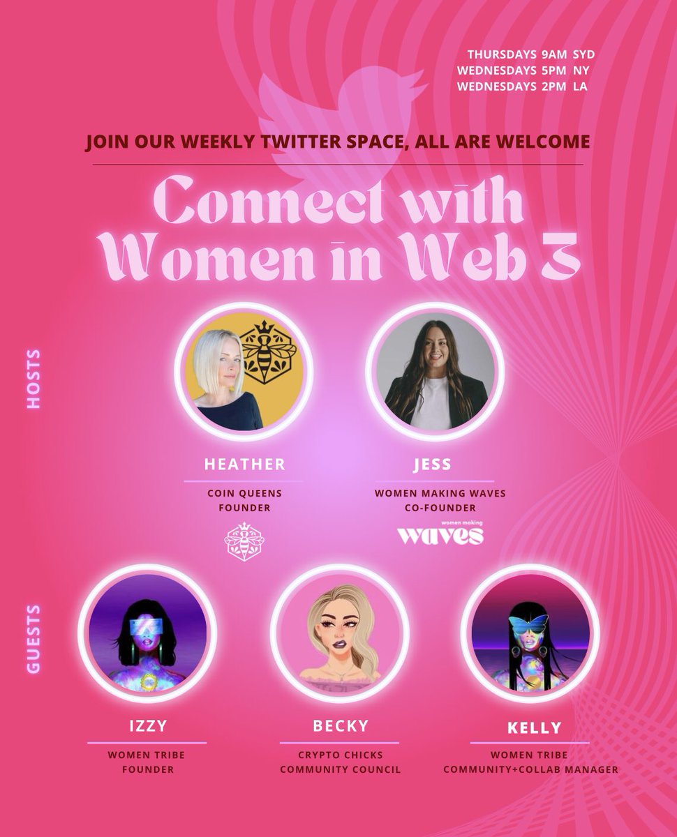 Women Making Waves (@womenmakingwave) on Twitter photo Join us as we flush out purpose driven action and Women In Web3 connection with our Hosts <a href="/Jessmaewilson/">Jessica Wilson</a> <a href="/web3heather/">Heather</a> and special guests <a href="/BeckyWowo/">Becky Wowo 💕 itsbeckybitch.eth</a> <a href="/nft_izzy/">Izzy</a> <a href="/bluebirdfamily1/">Star1111🤗🦋</a>
💗🚀
x.com/i/spaces/1lPJq… Join us as we flush out purpose driven action and Women In Web3 connection with our Hosts <a href="/Jessmaewilson/">Jessica Wilson</a> <a href="/web3heather/">Heather</a> and special guests <a href="/BeckyWowo/">Becky Wowo 💕 itsbeckybitch.eth</a> <a href="/nft_izzy/">Izzy</a> <a href="/bluebirdfamily1/">Star1111🤗🦋</a>
💗🚀
x.com/i/spaces/1lPJq…