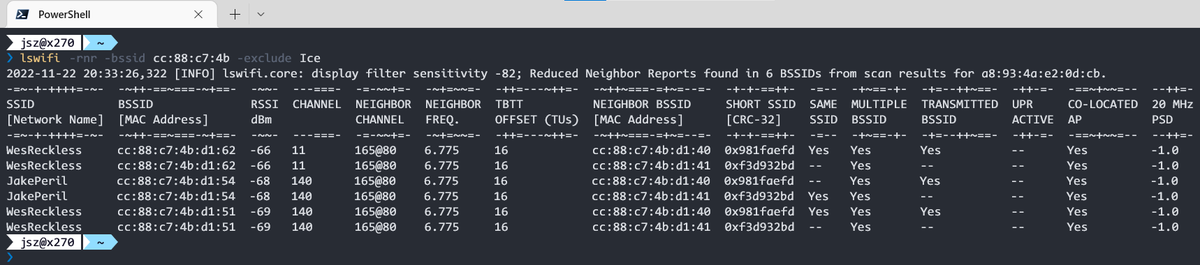 joshschmelzle's tweet image. For those of you on Windows. I just released v0.1.32 of lswifi which includes a -rnr option to display some 6 GHz information learned from the Reduced Neighbor Reports found in 2.4/5 GHz BSSes. pypi.org/project/lswifi…