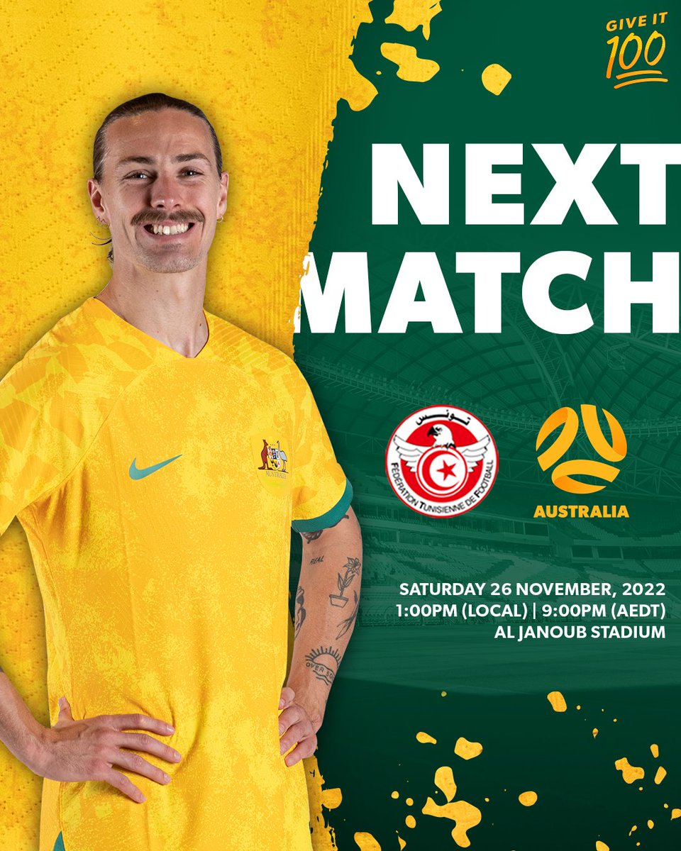 Next up at the <a href="/FIFAWorldCup/">FIFA World Cup</a>: Tunisia.

🇹🇳 v 🇦🇺: 26.11.22, 9pm AEDT
📺💻📱: SBS, SBS On Demand

#Socceroos #GiveIt100 #FIFAWorldCup