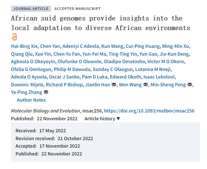YanCheer23's tweet photo. Our paper has been Accepted and Online published in Molecular Biology and Evolution @MolBioEvol @OfficialSMBE. Thanks for efforts from Editors and Reviewers.
African suid genomes provide insights into the local adaptation to diverse African environments https://t.co/j2Cti9duKl https://t.co/6fXrxMB1Xp
