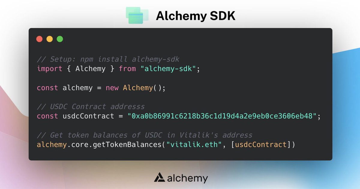 Alchemy's tweet image. Cool feature alert 🚨

Automatic @ensdomains resolution for all externally owned address queries just hit the Alchemy SDK!

eg. instead of pasting 64 characters, just use “vitalik.eth” &amp;amp; we’ll resolve the address correctly.

Try it yourself! 👇
alchemy.com/sdk
