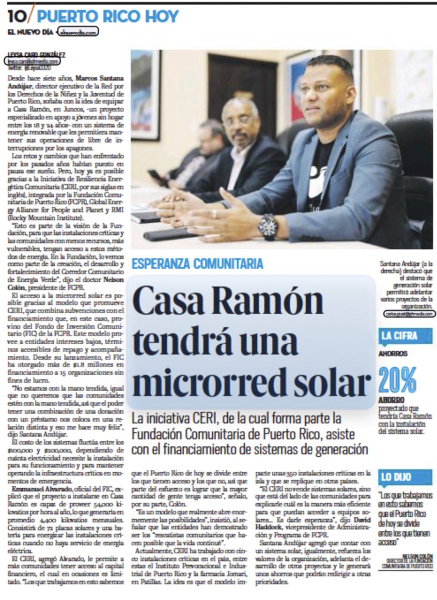 💡 ➡️ ☀️ <a href="/casaramonpr/">Casa Ramón</a> tendrá una microrred solar 

Celebramos este gran logro para la comunidad y para Casa Ramón, uno de los proyectos de nuestra organización y está ubicado en la sede principal en  #Juncos. Agradecemos a <a href="/FComunitaria/">FundaciónComunitaria</a> y <a href="/EnergyAlliance/">Global Energy Alliance for People and Planet</a> por el apoyo para
#Juncos