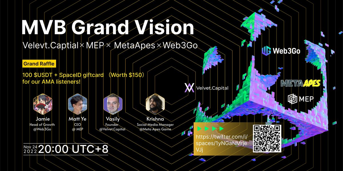 din_lol_'s tweet photo. #Web3Go MVB Grand Vision Panel#3

🗣️Host: @Jamiedafunk from @Web3Go

🎙️Speakers: @defivas from @Velvet_Capital, @MattYe_MEP from  @Multieventxyz, Krishna from @MetaApesGame 

⏰Nov 24th , 8:00 PM UTC+8

👉Join: https://t.co/sB82cMfZye

🎁Claim rewards: https://t.co/AuEUjlUmv8 https://t.co/bWmv7svkU5