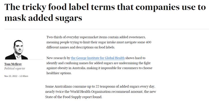 georgeinstitute's tweet photo. Super to see media interest in our new #FoodSwitch report👏
Story by @TomMcIlroy on findings that show 2/3 of all packaged foods in Oz supermarkets contain #addedsugars & they’re hard to identify, thanks to confusing terms used by food manufacturers!
➡️ https://t.co/rPlGIA7lsp https://t.co/NKuNLd0YYy