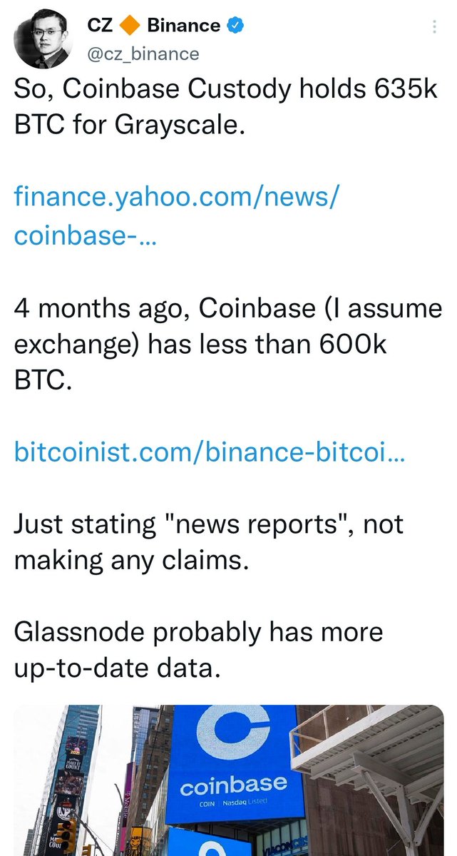 CZ made a new fudding tweet about coinbase and deleted just after 5 minutes.

But someone took screenshot very fast 😂

$BTC #Coinbase #btc #crypto