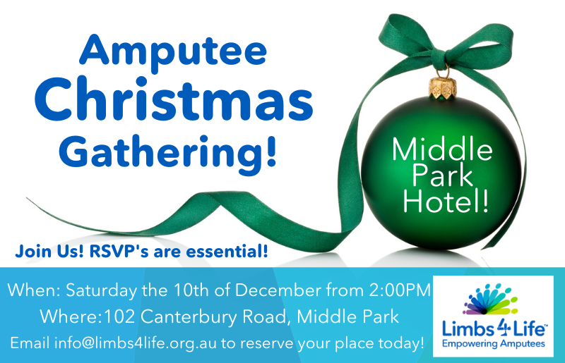 Limbs4LifeInc's tweet photo. 🎄Guess what, Melburnians... It's the most wonderful time of the year! Join us at the Middle Park Hotel on Saturday 10th December from 2pm for a get-together. RSVP via email info@limbs4life.org.au or call us 1300 782 231. We'll see you there!🎄
#amputee
#peersupport 
#disability https://t.co/fstccxCj4g