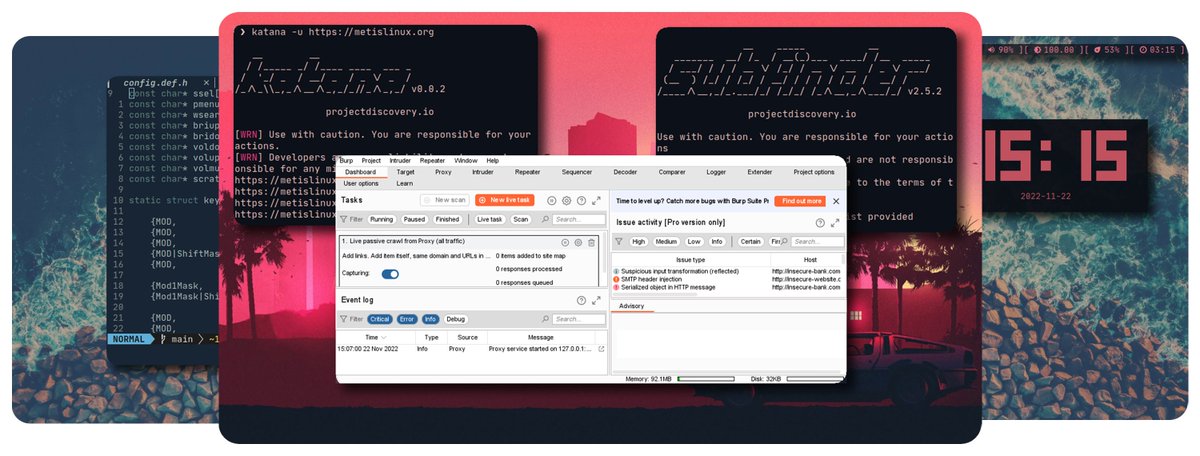 metislinux's tweet photo. Hacking with the beautiful desktop ever ;)
Introducing burpsuite, subfinder,katana,sublist3r,gau,gf and many more useful tools on @metislinux.
checkout:- https://t.co/D2BUHUvApN
#Metis #hacking #recon https://t.co/fpLSnsROKU