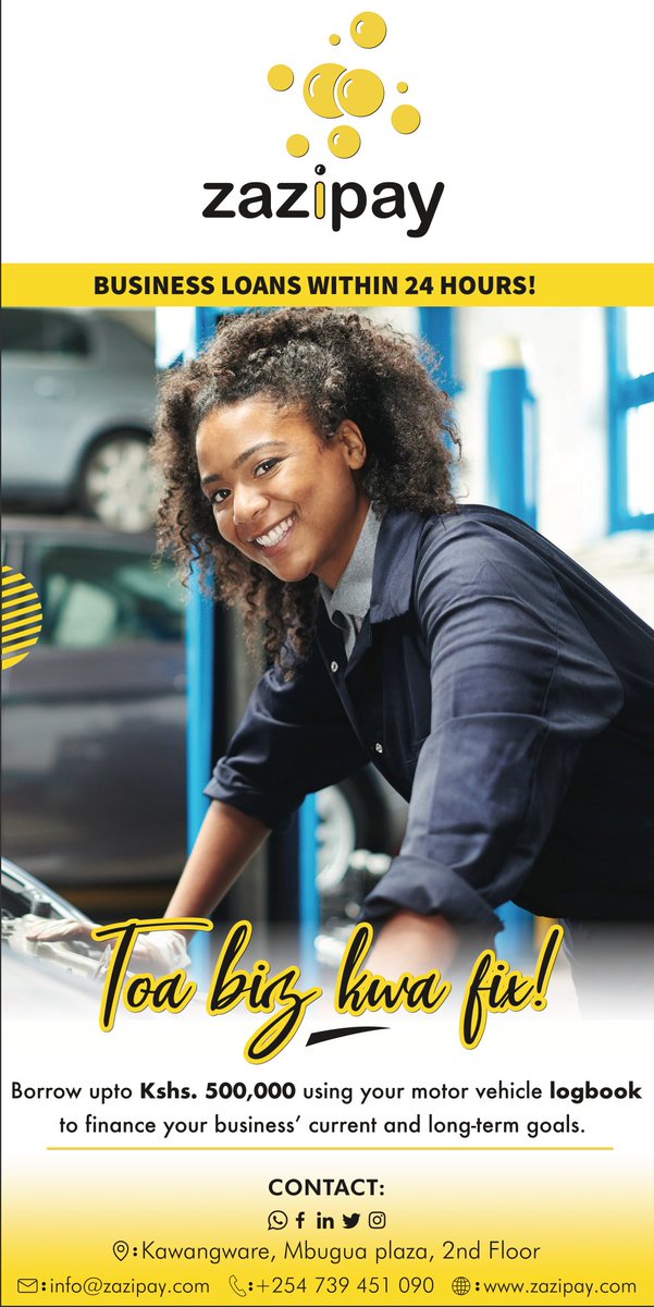 zazipay_'s tweet photo. Boost your business today!
Get upto Kshs. 500,000 using your motor vehicle logbook.
#loans 
#empoweringgenerations https://t.co/WJJHZ5vjDq