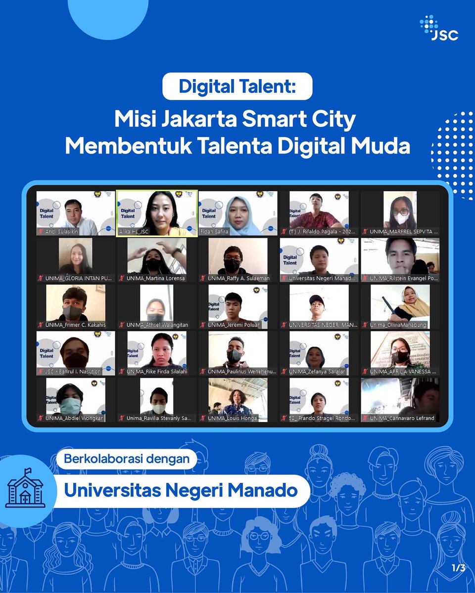 jkt_smartcity's tweet photo. Udah tahu belum kalau Jakarta Smart City punya misi baru untuk membentuk Talenta Digital Muda, lewat program Digital Talent, lho💡
Bulan September lalu, Digital Talent berkolaborasi dengan Universitas Manado, nih.
#JakartaSmartCity #DigitalTalent #DigitalTalentJSC #talentamuda https://t.co/60i2osiaJY