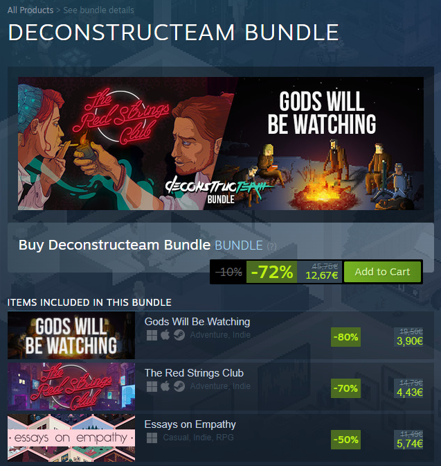 Deconstructeam's tweet photo. EVERYTHING WE'VE EVER DONE.

🍾72% off on Steam. 🥂

Spread the word so we earn more money and can keep making the weirdest stuff.

And thank you for playing.
🙇‍♀️🙇‍♂️🙇‍♀️

https://t.co/6ieokhv0j0 https://t.co/KBe95YrmsU