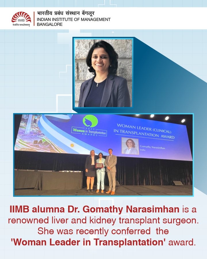 iimb_official's tweet photo. India’s first woman multi-organ transplant surgeon Dr Gomathy Narasimhan talks about why she chose to come back to school – business school actually, and what her key takeaways are from IIM Bangalore.

Read more: https://t.co/AlAuhW9MJE
#MultiOrganTransplant #IIMB 
@IIMB_EEP https://t.co/tYYxAZo2Of