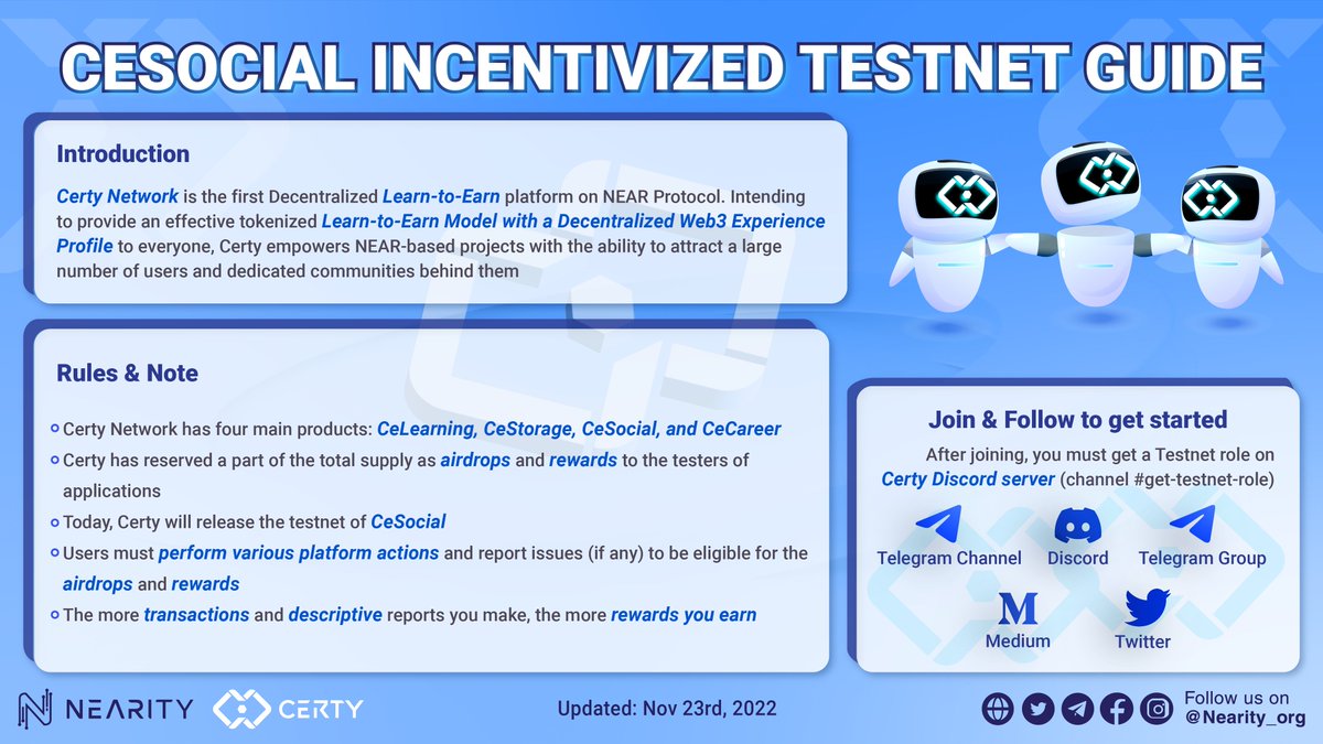 Nearity_org's tweet photo. 🚀@CertyHQ officially launched CeSocial Testnet Guide
💁♂️After joining, you must get #Testnet role on Discord server👉https://t.co/3JedcfZOEv
Join CeSocial Testnet & Get Airdropped 👉https://t.co/61olqmEa6S
Details👉https://t.co/brbjOUeZcb
#Nearity #NEAR #Certy #web3 #Airdrops https://t.co/HnX6l8yChh