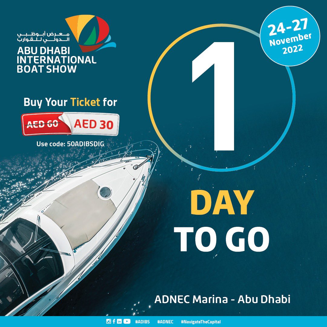 ADNECGroup's tweet photo. We're 1 day away from the start of the Abu Dhabi International Boat Show #ADIBS!

Join us and engage with the boating industry in the region and explore the latest marine technologies, products and services at the #ADNECMarina at #ADNEC Centre from 24 to 27 November 2022. https://t.co/dmBdBgUqfv