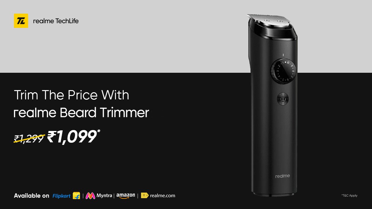 realmenarzoIN's tweet photo. Prices are on a TRIM! 🙌

Grab your partner #realmeBeardTrimmer in sharp looks at ₹1099* only!

#YourStyleExpert

*T&amp;C Apply

Head here: https://t.co/aLg5cwwQaM https://t.co/wbm0LKtd3H