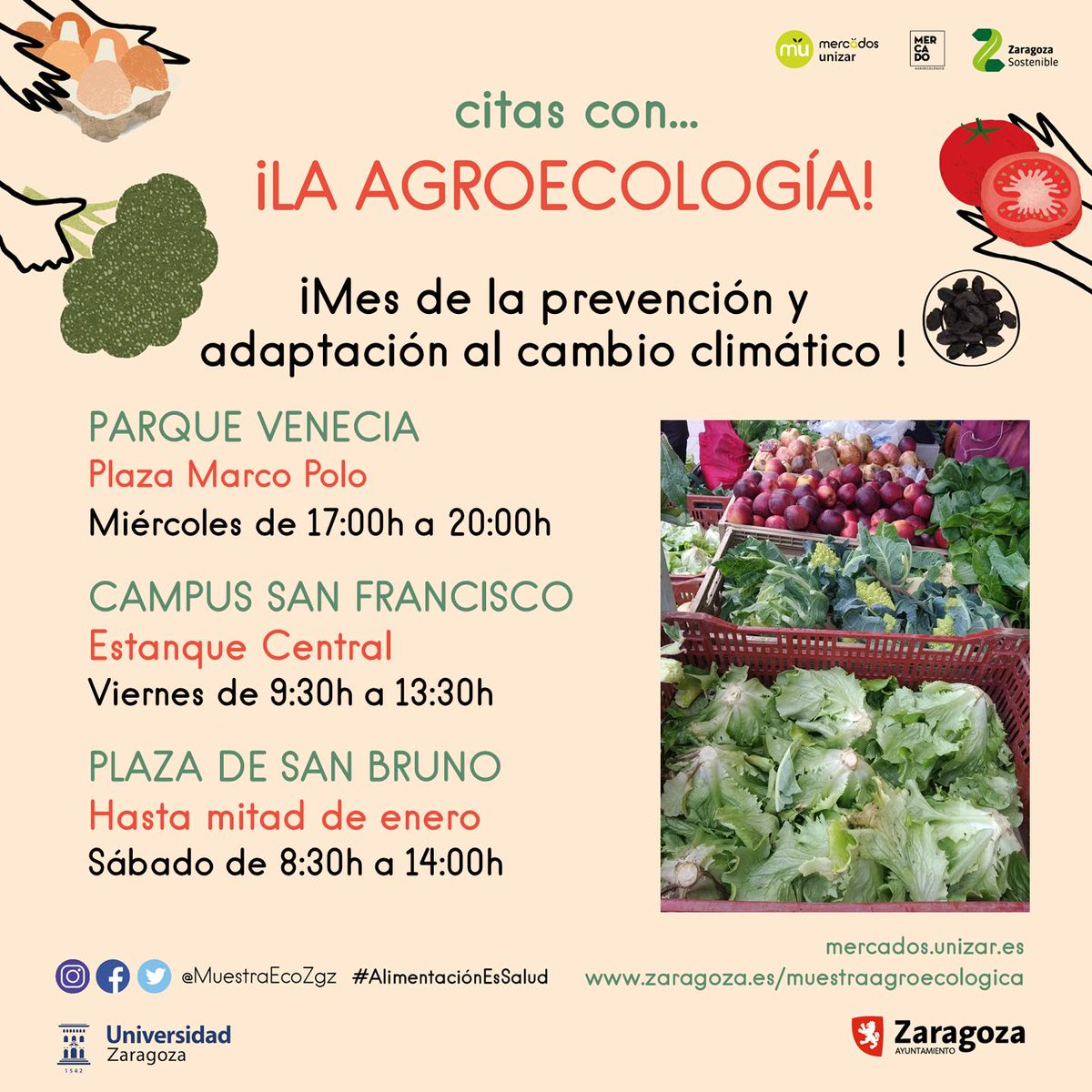 Recuerda que tienes 3️⃣ citas con la #agroecologia y los productos  #agroecológicos y de #proximidad 
✋🖊️👇
X: Parque Venecia
V: Campus San Francisco
S: Plaza de San Bruno (Ubicación temporal hasta mitad de enero)
#AlimentaciónSostenibleYSaludable