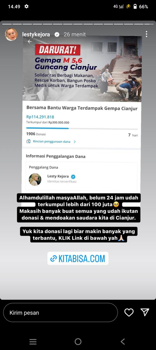 Lesti jg menggalang dana buat korban gempa cianjur belum 24jam dah terkumpul 100jt lebih nih min 🙂