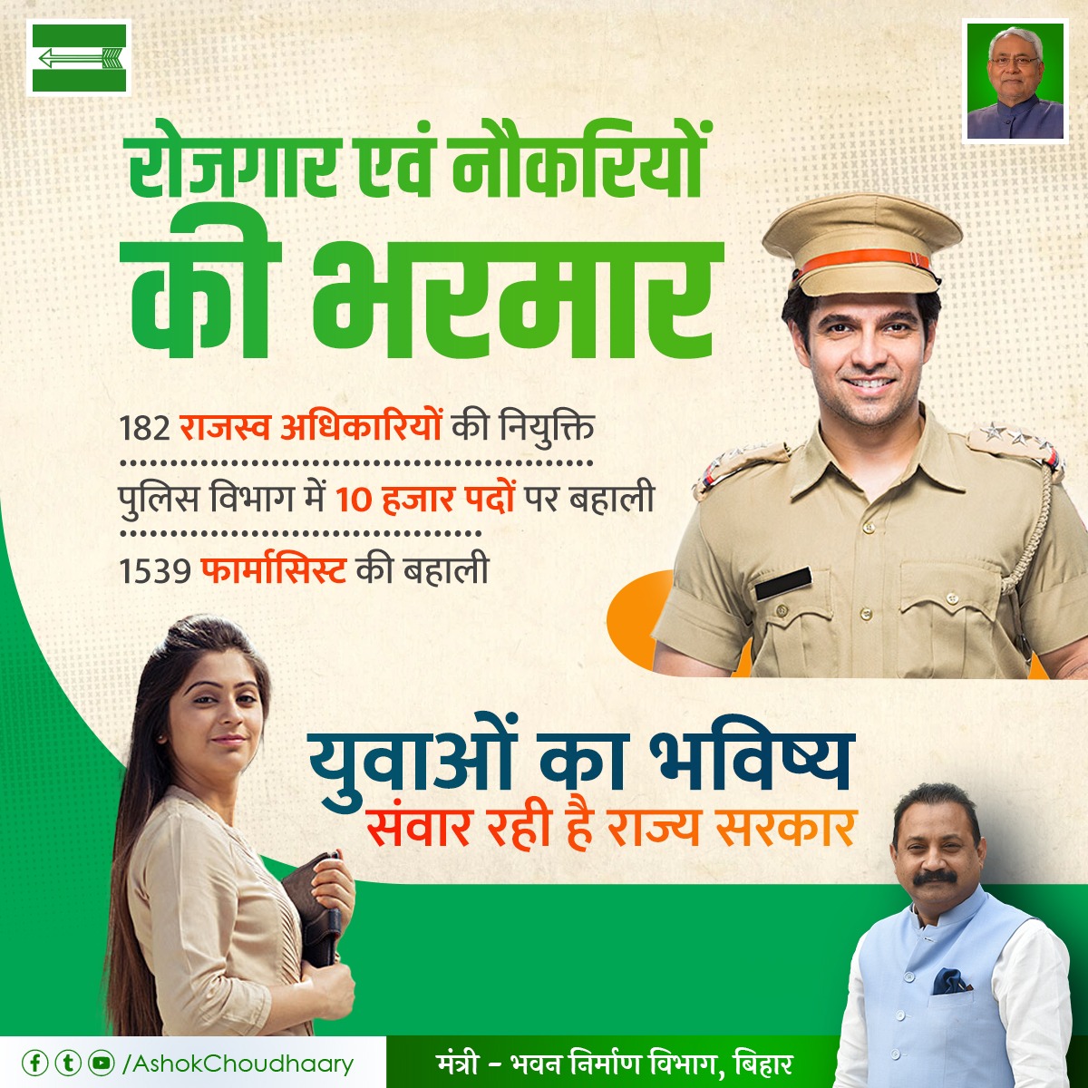 AshokChoudhaary's tweet photo. हम सिर्फ वादे करते नहीं, उसको निभाना भी जानते हैं। 

माननीय मुख्यमंत्री श्री नीतीश कुमार जी के नेतृत्व में राज्य के विभिन्न पदों पर नियुक्तियां जारी हैं। 

हमारे प्रयास हैं कि ज्यादा से ज्यादा युवाओं को स्वावलंबन प्रदान किया जा सके।
@NitishKumar @Jduonline 
#Bihar https://t.co/6pJW0xvXJl