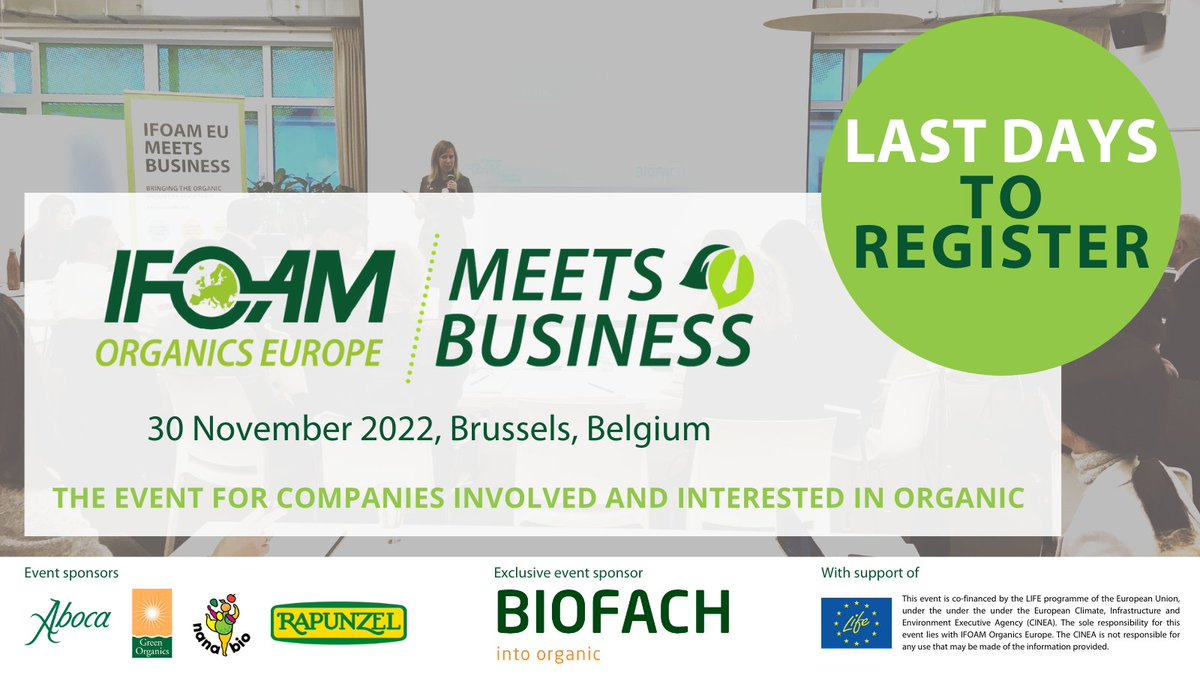 💚 Ready for #IFOAMOEMeetsBusiness2022? Only 2 days left to register and join the (organic) supply chain in Brussels to discuss the 🆕 #OrganicRegulation, #OrganicMarket developments, #PesticideResidues & more. Book your spot now! 👉 organicseurope.bio/events/ifoam-o… @BioFachVivaness
