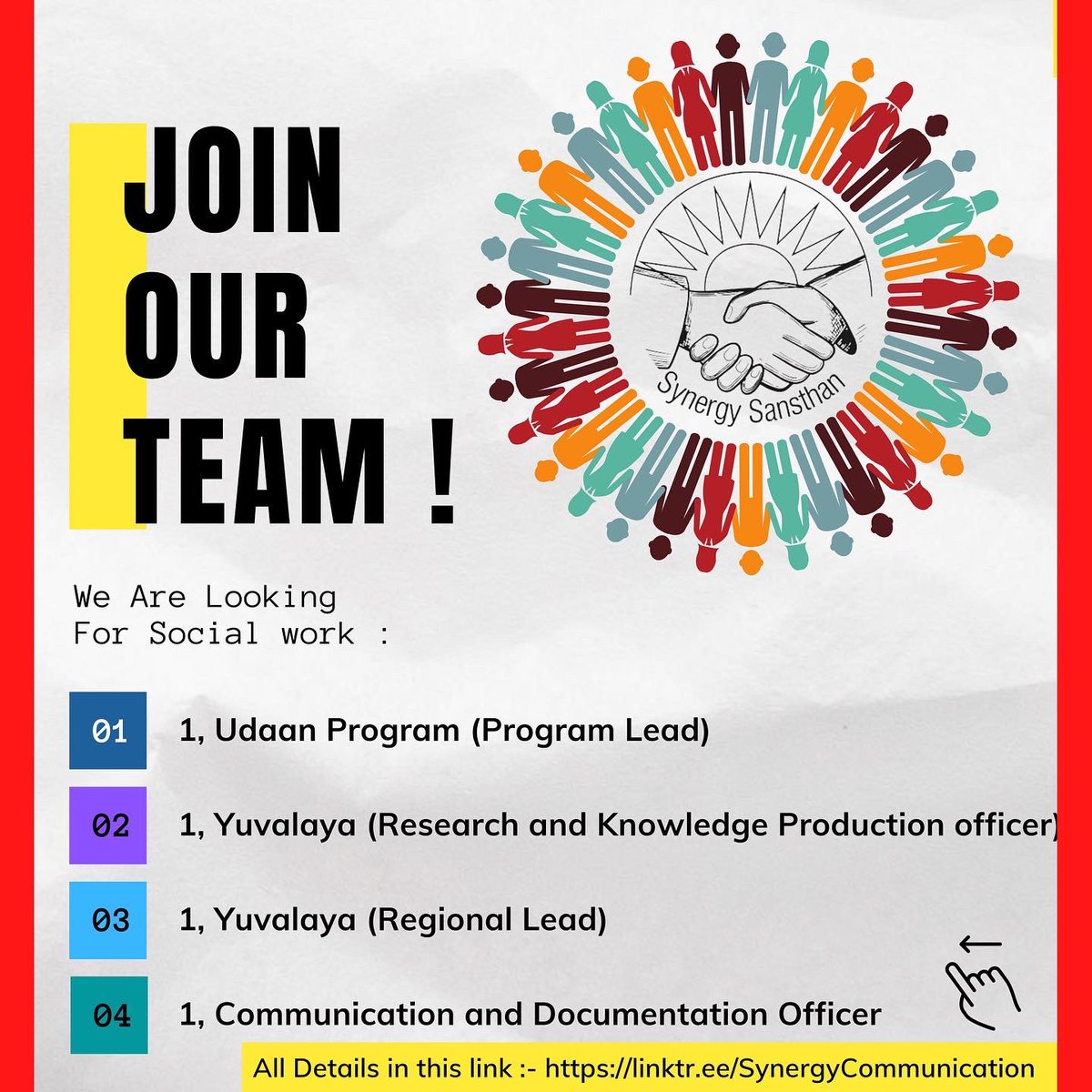 We are looking for people who are willing to make a minimum 3-year commitment to Synergy. We offer an enriching learning environment and the opportunity to work with a team of dedicated and passionate professionals who share a common vision. 
#WeAreHiring #joinourteam #job #ngo