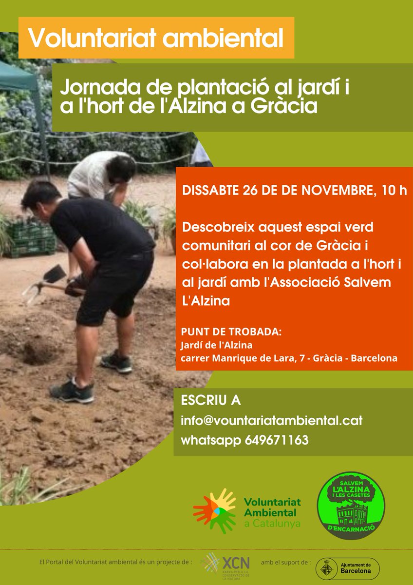 Dissabte 26 de novembre  vine a fer voluntariat ambiental en la ciutat de #Barcelona descobrint l'espai verd comunitari de l'Alzina al cor de Gràcia amb l'associació <a href="/SalvemAlzina/">Salvem l'Alzina</a> . 
Escriu a info@voluntariatambiental.cat o envia un whatsapp al 649671163.