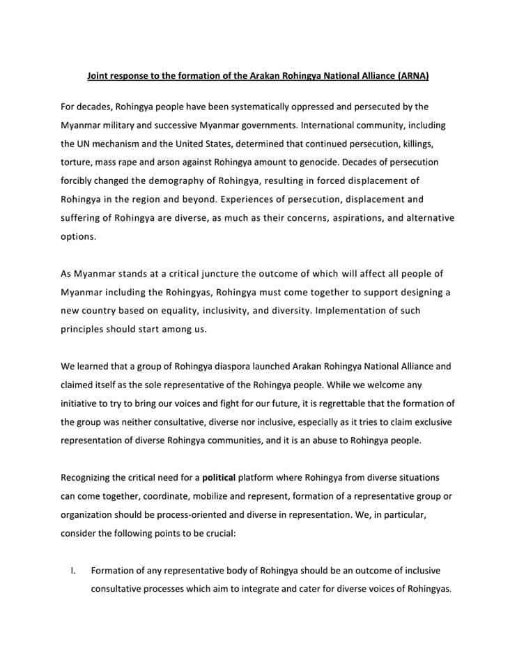 ForYrd's tweet photo. YRD together with @ShweMaung_MP &amp; @akmoe2 joined 22 Rohingya Orgs to respond to the formation of the Arakan Rohingya National Alliance.

We strongly stand and ask #ARNA to respect the diverse inclusivity of wider reach Rohingya to claim as the sole representative of Rohingya. https://t.co/M9WmYN12Hp