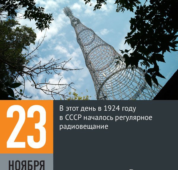 23 ноября 1924 года — состоялась первая широковещательная передача Московского радио. Этот день в истории: Этот момент считается началом регулярного радиовещания в СССР. В эфир вышел первый выпуск информационно-аналитической программы «Радиогазета РОСТА»