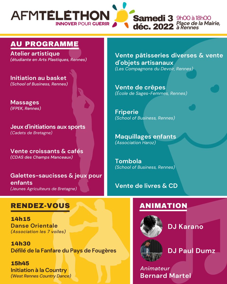 Le programme du Village #Telethon2022  de la place de la mairie de #Rennes, avec tout plein d'animations pour petits et grands !