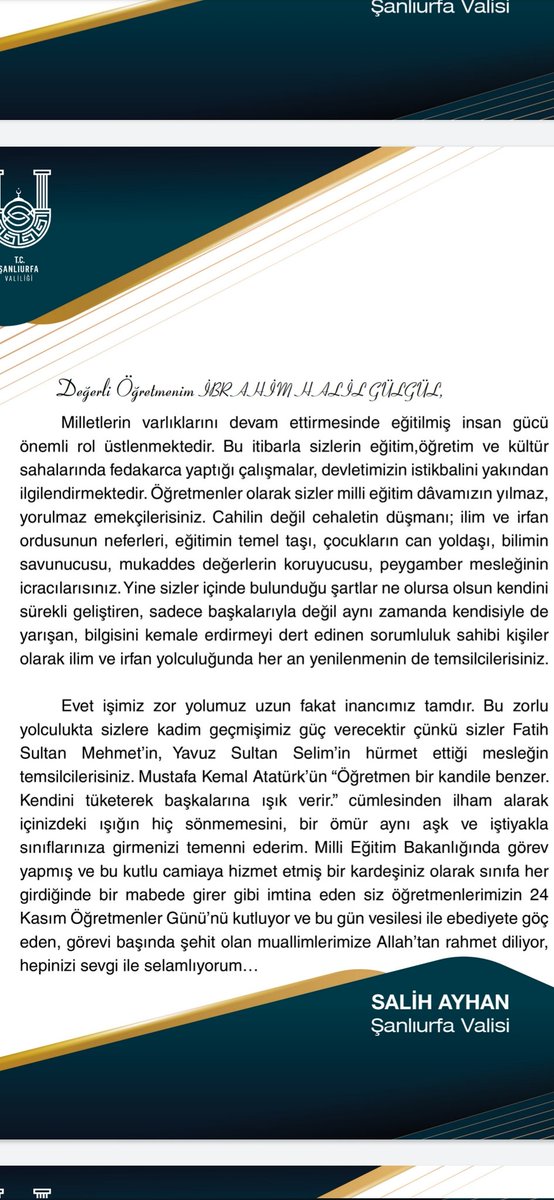 Valimiz Sayın <a href="/valisalihayhan/">Salih AYHAN</a> 'a nezâketleri ve ince düşüncelerinden dolayı teşekkür ediyorum...
<a href="/valisalihayhan/">Salih AYHAN</a> <a href="/UrfaValiligi/">T.C. ŞANLIURFA VALİLİĞİ</a> <a href="/harrani63/">AHMET DEMİR</a> <a href="/EyyubiyeMem63/">Eyyübiye İlçe Milli Eğitim Müdürlüğü</a> <a href="/sanliurfammem63/">Şanlıurfa İl Milli Eğitim Müdürlüğü</a>