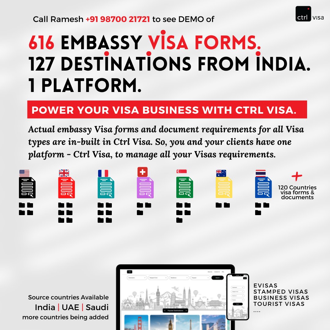 thewhiteboardco's tweet photo. Making Visa Business Simpler. You and your team don’t need to visit all embassy websites for Visa information, Visa form and document checklist. 

Call Ramesh +91 98700 21721 for Demo. 
Visit https://t.co/uTbCpg9k3h https://t.co/nMBi8jz9pu