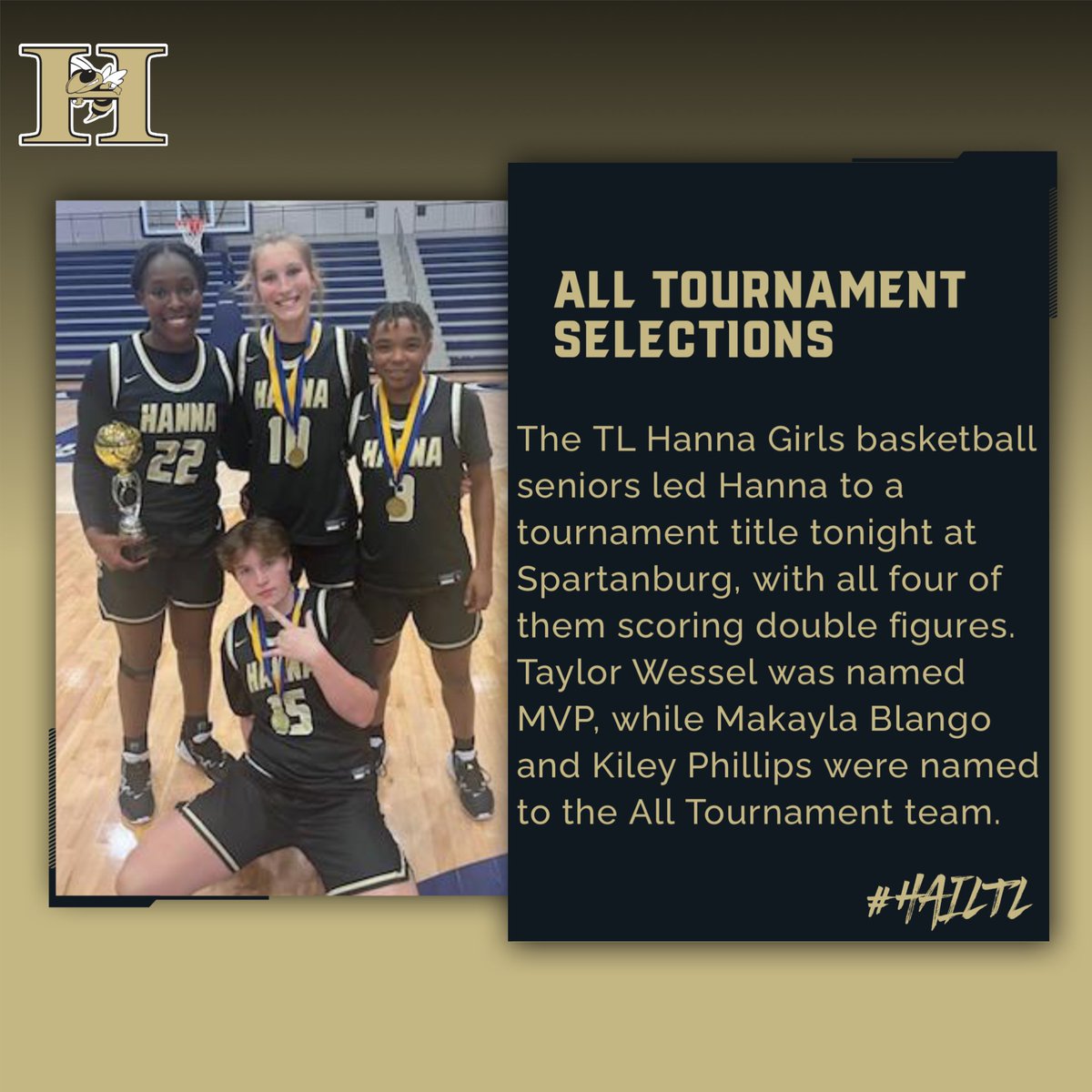 TLH_Updates's tweet photo. Great night for the Hanna seniors as all four scored double figures. Taylor Wessel was named tournament MVP, while Makayla Blango and Kiley Phillips picked up all tournament team awards. Grace Ikenegbu added 11 points to help the Jackets get the 7 point win. @tlhanna_ad https://t.co/5SQnvDOr2q