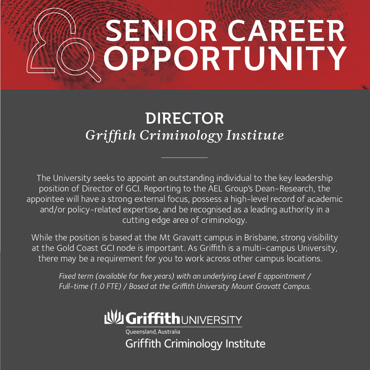 We are looking for a Director, Griffith Criminology Institute. This is a full-time, fixed term appointment for 5 years as Director, with an underlying Professorial (Level E) continuing appointment in the School of Criminology &amp; Criminal Justice &gt; jobs.smartrecruiters.com//GriffithUnive…