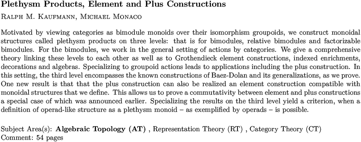 arxiv.org/abs/2211.11946…
R M Kaufmann, M Monaco
Plethysm Products, Element and Plus Constructions