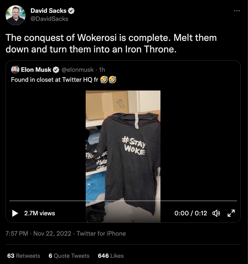 Elon Musk has said he's about context on tweets, so here's context for these shirts: They came from Twitter's Black employee resource group and were popularized by @jack, who wore a version around to conferences to support the group (and was sometimes ridiculed for it).